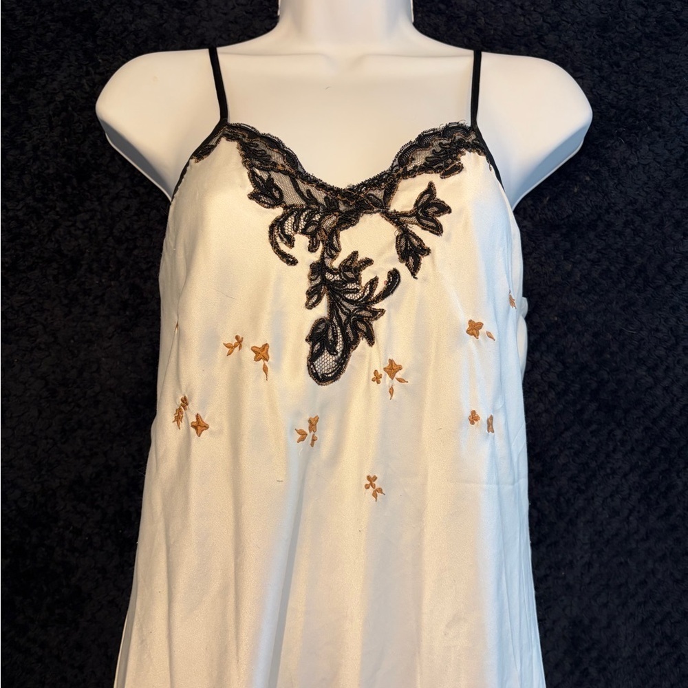 Vintage Natori Embroidered White Satin Maxi Dress